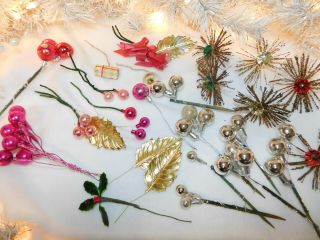 Vintage 25 Christmas Ball Ornament Floral Picks Sputnik Stars Pink Silver 2