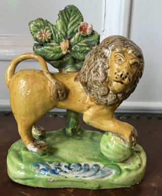 Antique Staffordshire Pottery Figures Of Lion Pearlware Creamware C1800/20