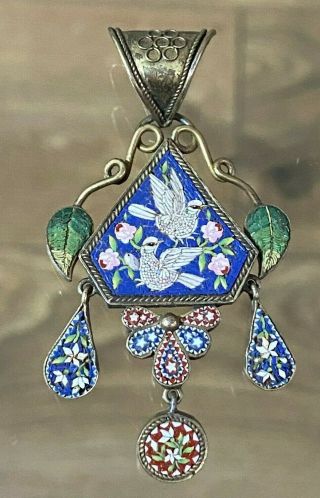 Stunning Antique Victorian Silver Gilt Micro Mosaic Doves Pendant
