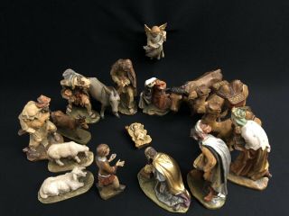 17 Pc 6” Antique Wood Nativity Set Hand Painted — Anri - Style Italy