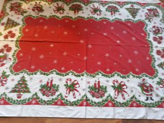 2 Vintage Christmas Tablecloths Santa Reindeer Candy Canes Snowman Poinsettia