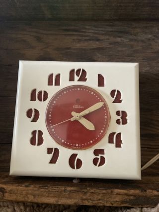 Vintage Art Deco Telechron Kitchen Wall Clock White Red Second Hand 2h27