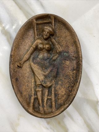 Art Nouveau Bronze Risque Ashtray 2 Sided Girl On A Ladder