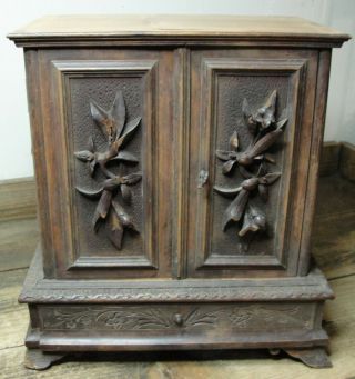 Antique Black Forest Style Wood Cigar Humidor Cabinet For Repair Or Restoration