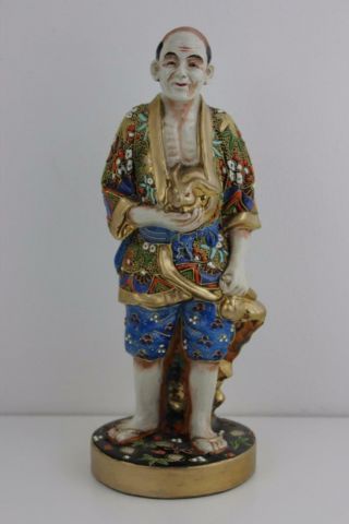 Antique Late 19th C.  Japanese Satsuma Figurine Of Man & Rabbit Signed 30cm High