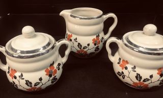 Vintage Hall Pottery Red Poppy Creamer And 2 Sugar Bowls