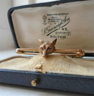 Edwardian 9ct Gold Fox Head Brooch / Stock Pin With Ruby Eyes.  Inc Antique Box.