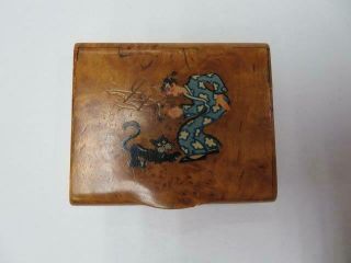 Antique Walnut Wooden Snuff Box With A Picture On Lid