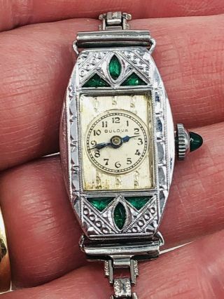 Vintage Art Deco Bulova Womens 6af Watch 14k Gold Filled & Emeralds