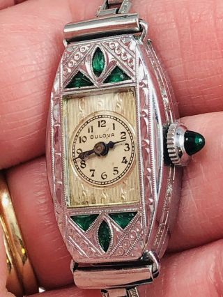 Vintage Art Deco Bulova Womens 6AF Watch 14K Gold Filled & Emeralds 3