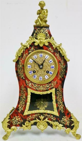 Antique 19thc French 8 Day Bell Striking Red Shell & Inlaid Boulle Mantle Clock