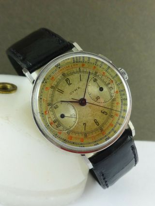 Antique CYMA Single Button Telemetre Chronograph Watch.  W/Box.  Ca 1930 ' s 2