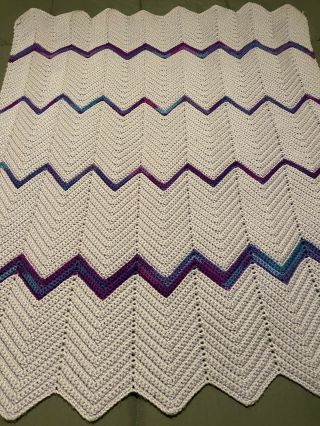 Vintage Afghan Blanket Crochet Chevron Ripple Retro 70s Purple Handmade 44x36 "