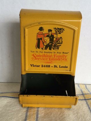 Vintage Yellow Tin Metal Wall Mount Match Box Holder Antique Advertising
