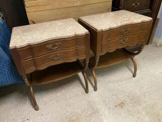 Pair Mahogany Neo Classic Two Draw Marble Top End Tables Commode Nightstand