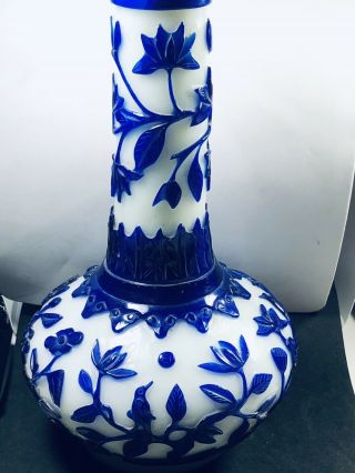 Vintage Chinese 10” Peking Glass Cobalt Blue Flowers On White Maker Mark Heavy