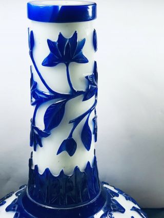 Vintage Chinese 10” Peking Glass Cobalt Blue Flowers On White Maker Mark Heavy 2