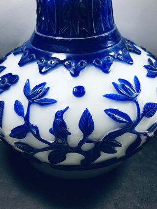 Vintage Chinese 10” Peking Glass Cobalt Blue Flowers On White Maker Mark Heavy 3