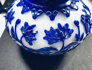 Vintage Chinese 10” Peking Glass Cobalt Blue Flowers On White Maker Mark Heavy 6