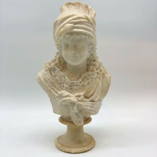 Antique European Carved Alabaster Bust Of A Young Female