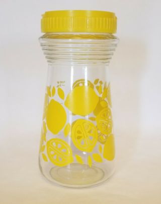 Vintage Glass Juice Pitcher Lemonade Carafe Lemons Jug Yellow Plastic Lid 8 "