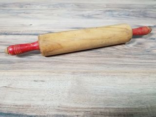 Antique Vintage Rare Wooden Red Handle 17” Dough Roller Rolling Pin Collectable