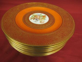 12 Antique Crown Staffordshire China Dinner Plates Gold Encrusted & Orange