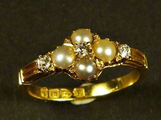 Superior Quality Antique Victorian English 18k Gold Diamond Pearl Ring C1900