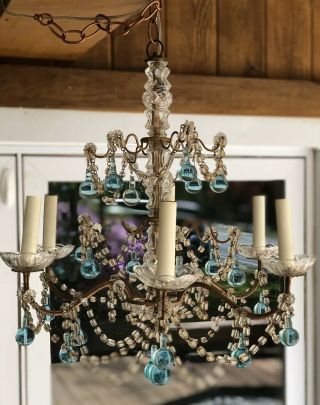 Vintage French Glass Peacock Blue Crystal Drops Macaroni Beaded Chandelier