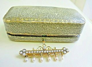 Antique 15 Carat Gold Diamond And Pearl Bar Brooch