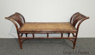 Vintage French Country Bamboo & Cane Bench W Wide Armrests