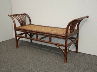 Vintage French Country Bamboo & Cane Bench w Wide Armrests 2
