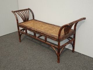 Vintage French Country Bamboo & Cane Bench w Wide Armrests 3