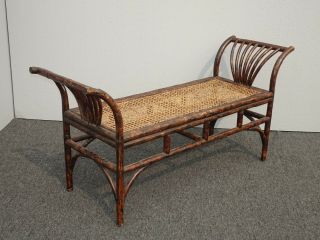 Vintage French Country Bamboo & Cane Bench w Wide Armrests 4