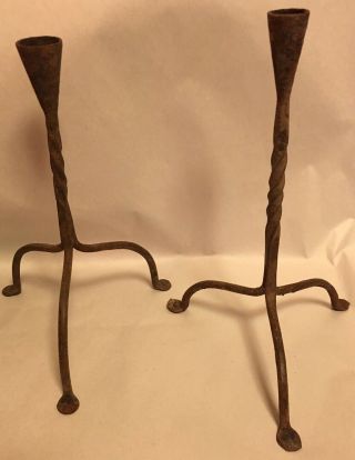 Pair 2 Antique 18th C.  Primitive Wrought Iron Candlesticks Rushlight Penny Feet