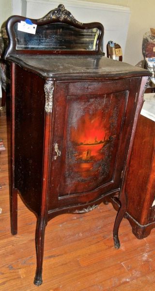 Antique Mahogany Music Cabinet With Mirror & Bombe Painting Landscape