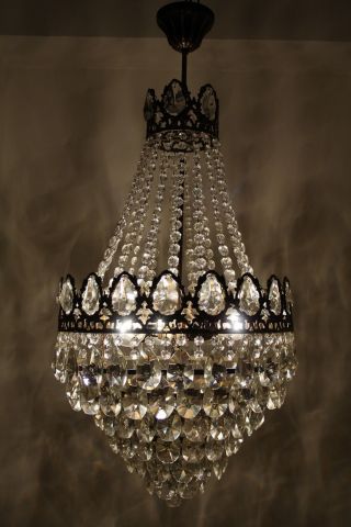 Antique French Basket Style Brass & Crystals Large Chandelier From 1950 