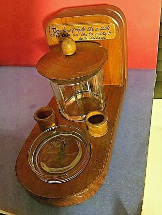 Vintage Wood Pipe Holder/ Tobacco Jar / Coaster On Sliding Bookends Very Old
