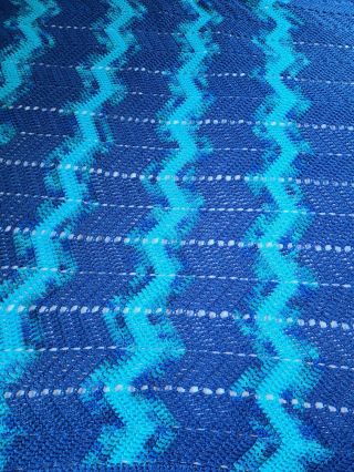 Handmade Crochet Blue Zigzag Afghan Blanket Med Size Chevron Throw