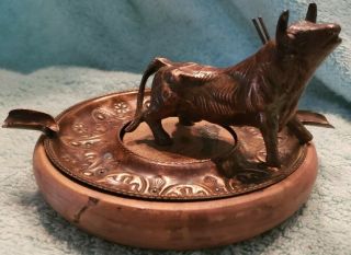 Vintage Wood,  Copper/brass Ashtray With Fighting Bull Hammered Metal Handcrafted