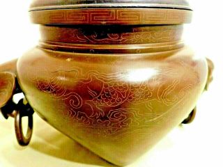 Antique CHINESE Qing/Republic BRONZE CENSOR;CARVED LID w/CARNELIAN & JADE FINIAL 3