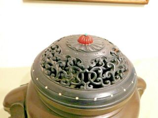 Antique CHINESE Qing/Republic BRONZE CENSOR;CARVED LID w/CARNELIAN & JADE FINIAL 4