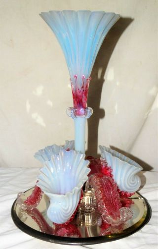 Antique Opalescent Vaseline & Cranberry Glass Epergne,  Collectible C1860.