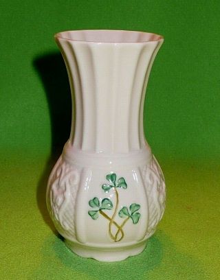Vintage Beleek Ireland Decorative Vase With Colorful Clover & Other Designs.