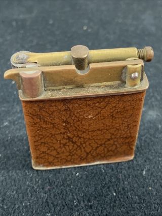 Vintage Unmarked Brass Lift Arm Pocket Lighter With Brown Leather Wrap