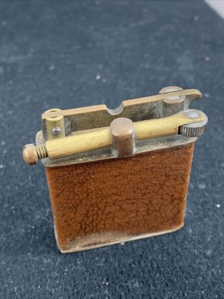 Vintage Unmarked Brass Lift Arm Pocket Lighter With Brown Leather Wrap 2