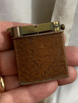 Vintage Unmarked Brass Lift Arm Pocket Lighter With Brown Leather Wrap 3