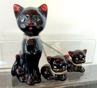Vtg Redware Black Mother Cat & 2 Kittens On A Chain Ceramic Figurines Japan Rare