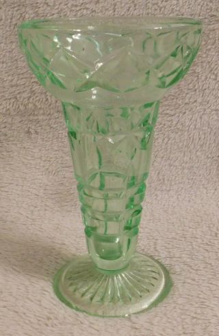 Antique Vintage Uranium Depression Green Glass " Trumpet " Vase - Perfect