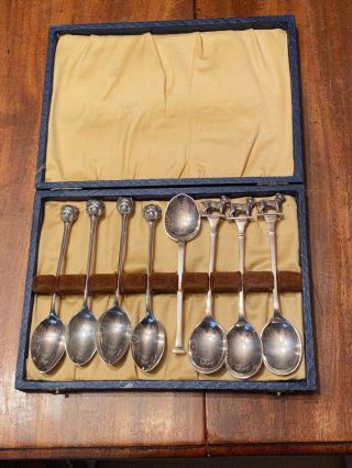 Antique Cased Set Of 8 Solid Silver Griffon Bruxellois Dog Show Spoons 1932